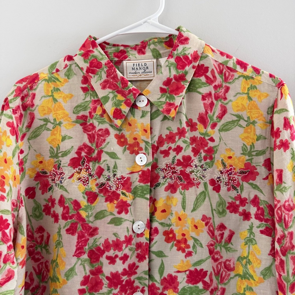 Field Manor Floral Linen Blend Beaded Tunic Shirt Red Yellow‎ Large Travel Artsy